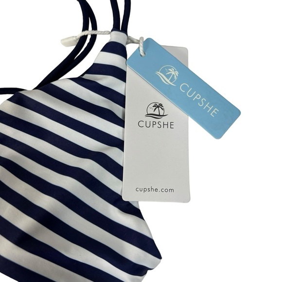 New Cupshe Navy Blue & White Striped Halter Top Bikini Swimsuit Size X Large - Picture 6 of 9